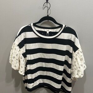 Oddi Striped Black & White Puff-Sleeve Women's Top - Size S, fits like 1X-2X